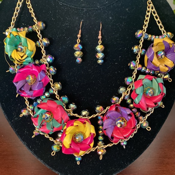 MEXICAN HANDCRAFTED JEWELRY SET FLORAL PALM LEAF MULTICOLOR NECKLACE & EARRINGS - Picture 7 of 17